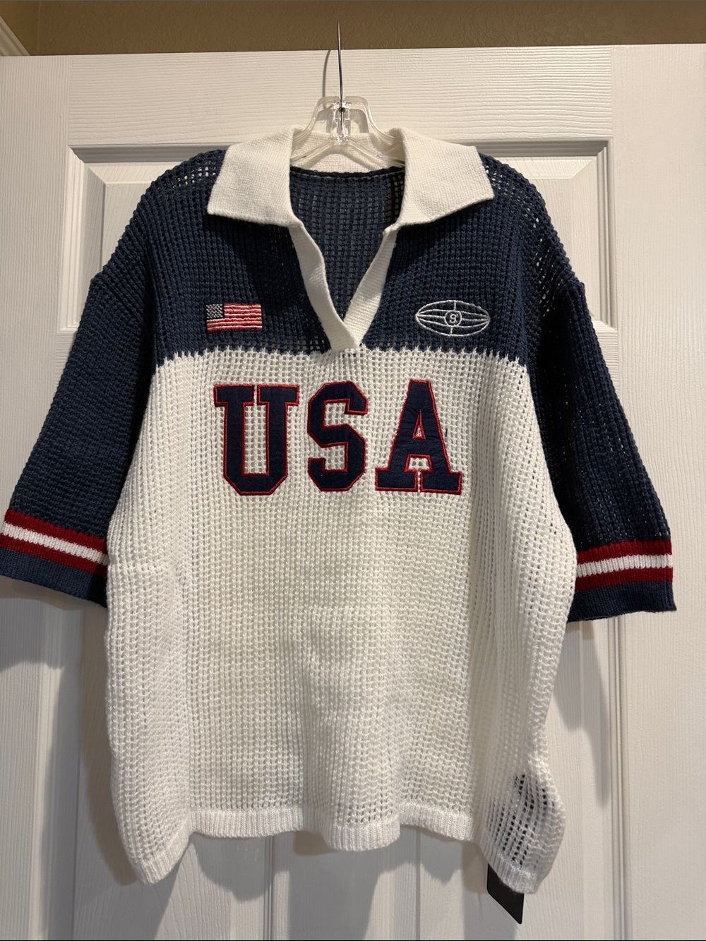 USA Knit Polo Sweater - Navy & White & Red Large